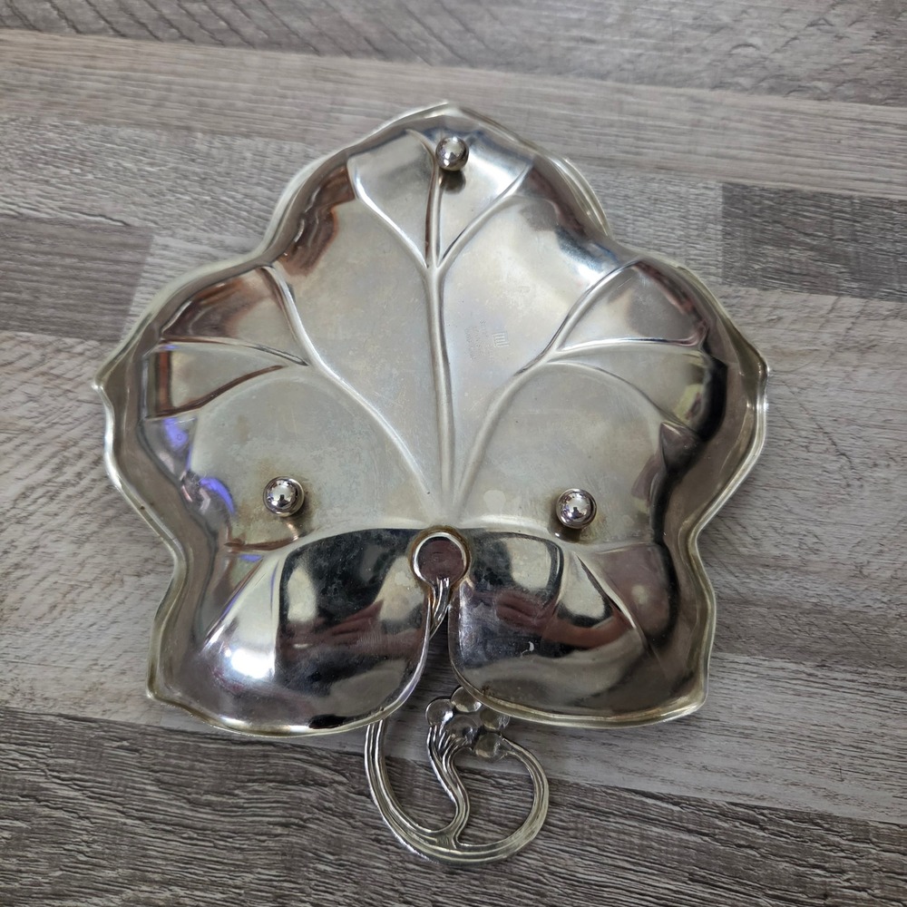Vintage Silver Plated Leaf Dish Grape Handle Footed Trinket Bowl Hong Kong 9.5" - Picture 5 of 16